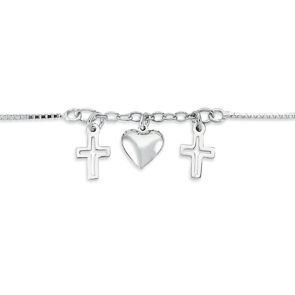 Jewelco London Ladies Rhodium Plated Sterling Love Hearts & Crosses 1Mm Charm Bracelet, 7.5" - Abb169 Silver