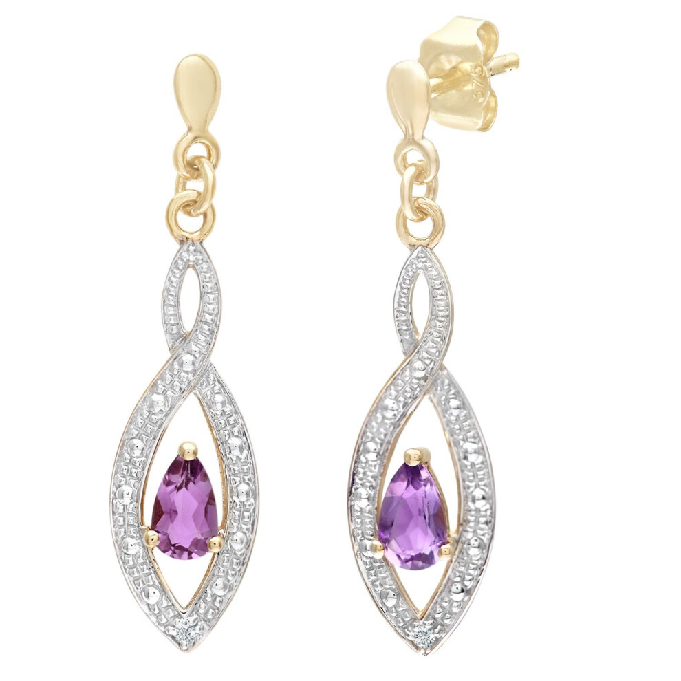 Jewelco London 9Ct Yellow Gold Round 1Pts Diamond Pear 0.36Ct Amethyst Teardrop Drop Earrings - Pe0axl3459yam