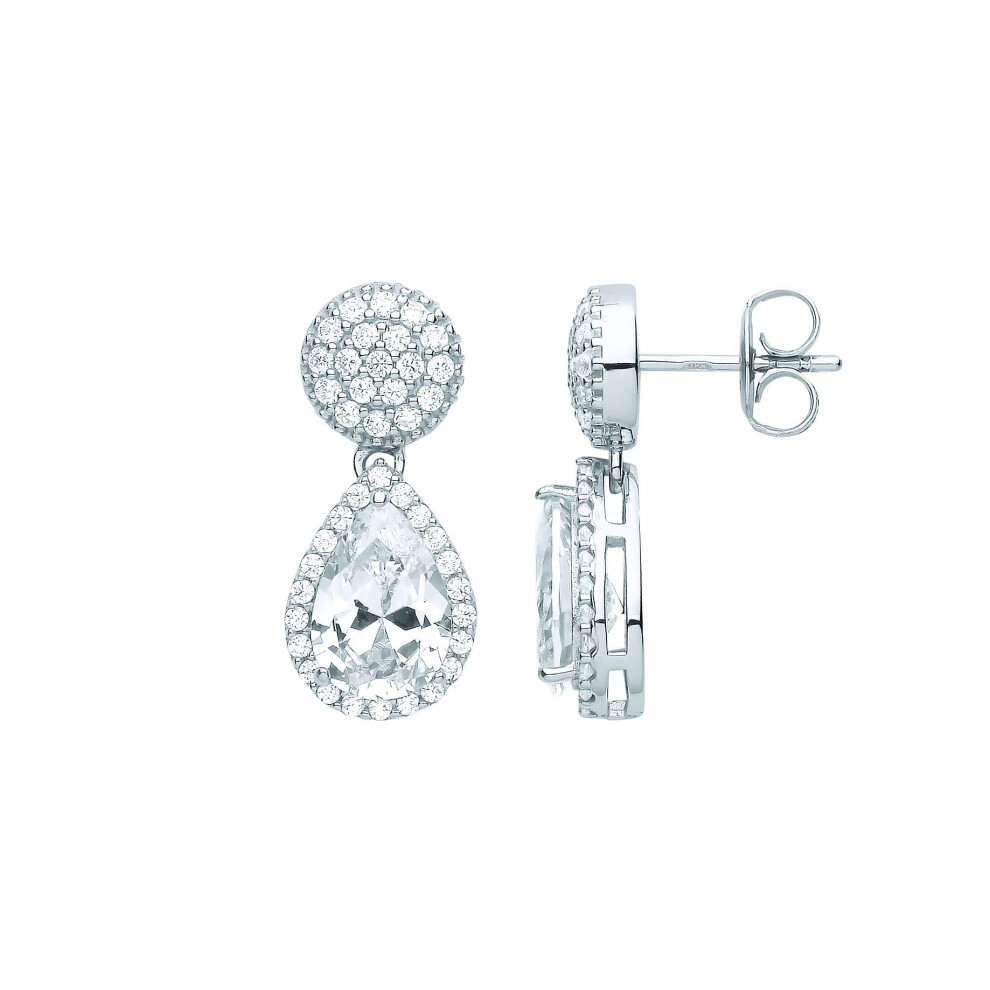 Jewelco London Ladies Rhodium Plated Sterling Pear Cz Pave Pillow Cluster Raindrop Halo Drop Earrings - Eag1087 Silver
