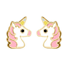 Jewelco London 9ct Yellow Gold Enamel Cute Cartoon Unicorn Stud Earrings 9mm - JES374