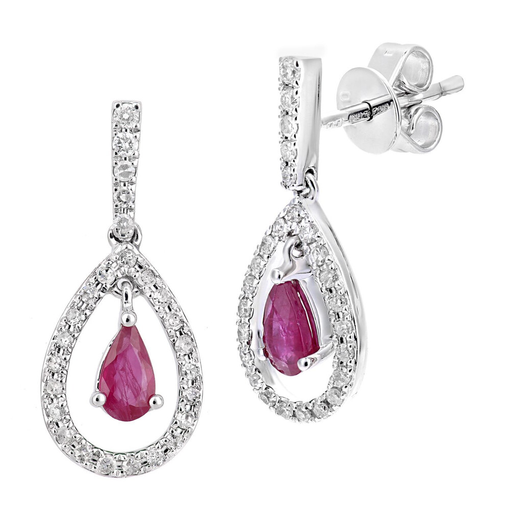 Jewelco London 18Ct White Gold Round 20Pts Diamond Pear 0.6Ct Ruby Teardrop Drop Earrings - De1axl608w18ru