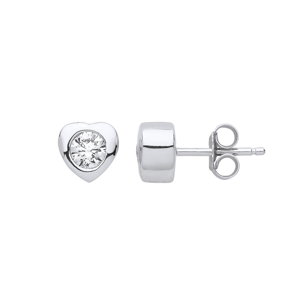Jewelco London Ladies Sterling Silver Cubic Zirconia Love Heart Solitaire Stud Earrings - Gve805