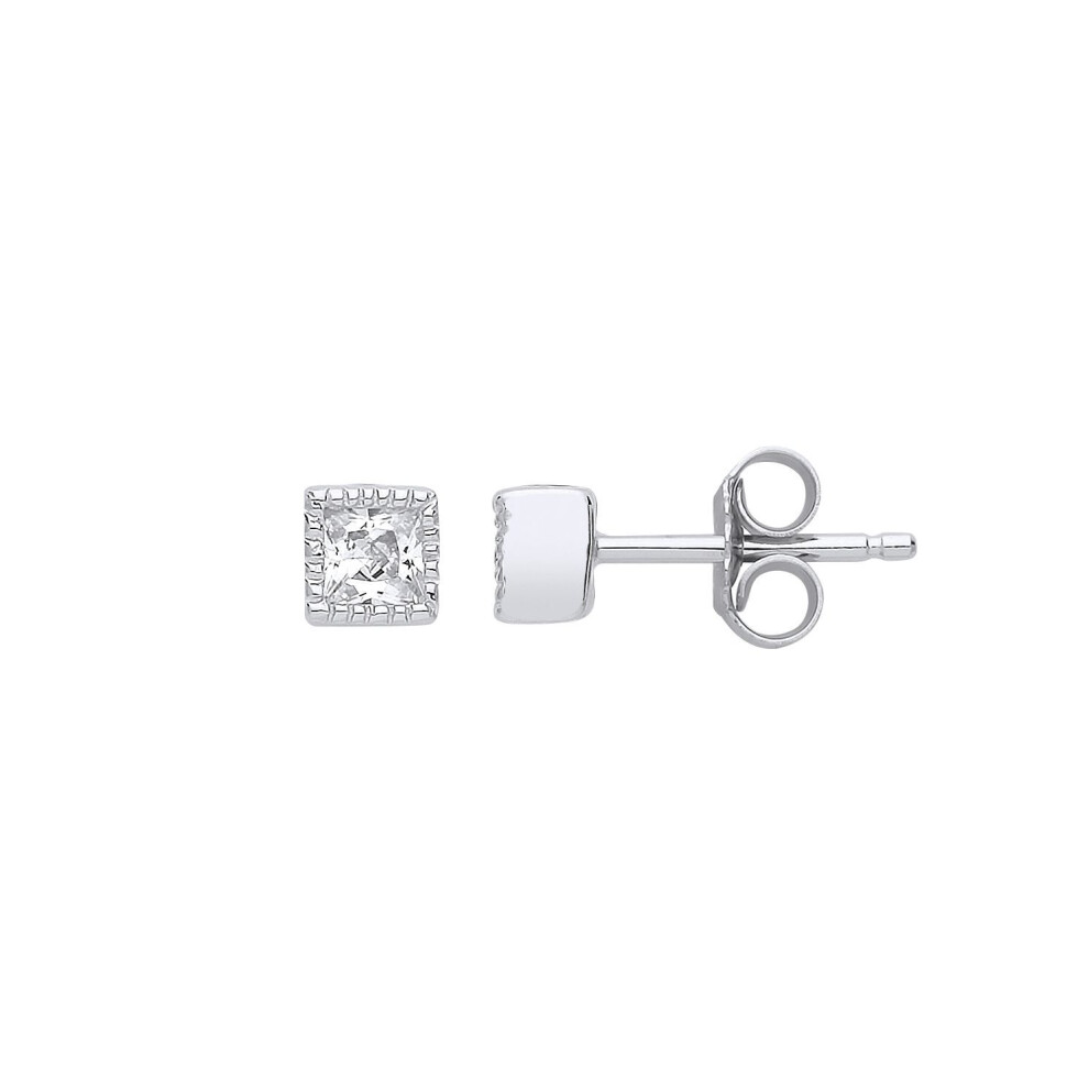 Jewelco London Ladies Sterling Princess Cut Cubic Zirconia Bead Edge Solitaire Stud Earrings - Gve802 Silver