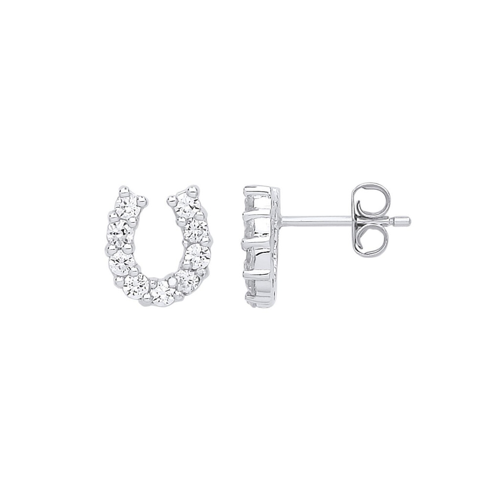 Jewelco London Ladies Sterling Cubic Zirconia Lucky Horseshoe Stud Earrings - Gve666 Silver