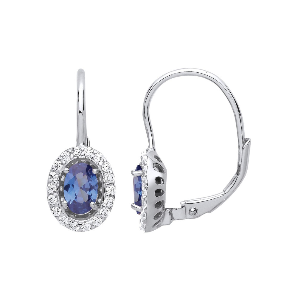 Jewelco London Ladies Sterling Sapphire-Blue Oval Cubic Zirconia Solitaire Halo Drop Earrings - Gve815cp Silver