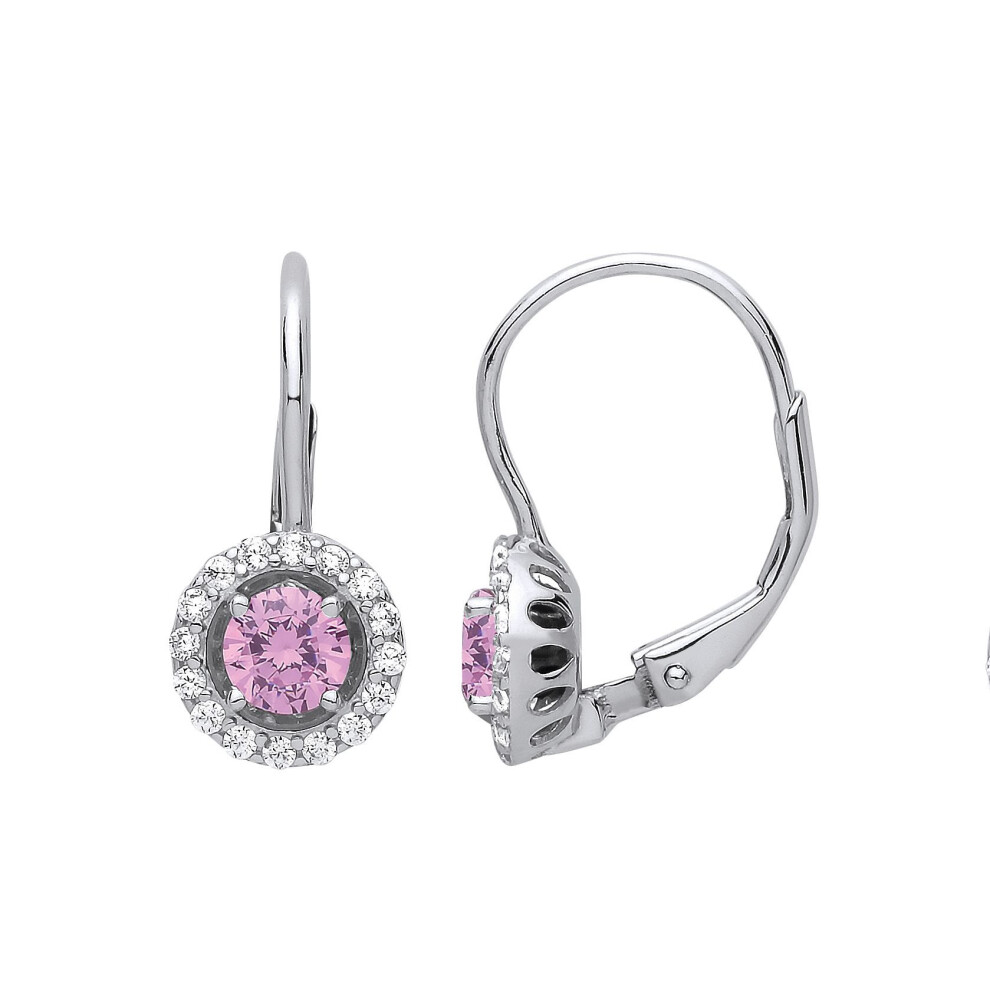 Jewelco London Ladies Sterling Silver Pink Cubic Zirconia Solitaire Halo Drop Earrings - Gve813pink