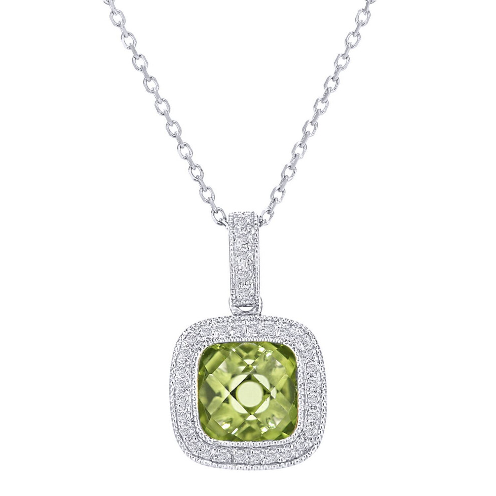 Jewelco London 9Ct White Gold Round 10Pts Diamond Cushion 1.4Ct Peridot Cocktail Pendant Necklace 16 Inch 42Cm - Dp1axl679wpd