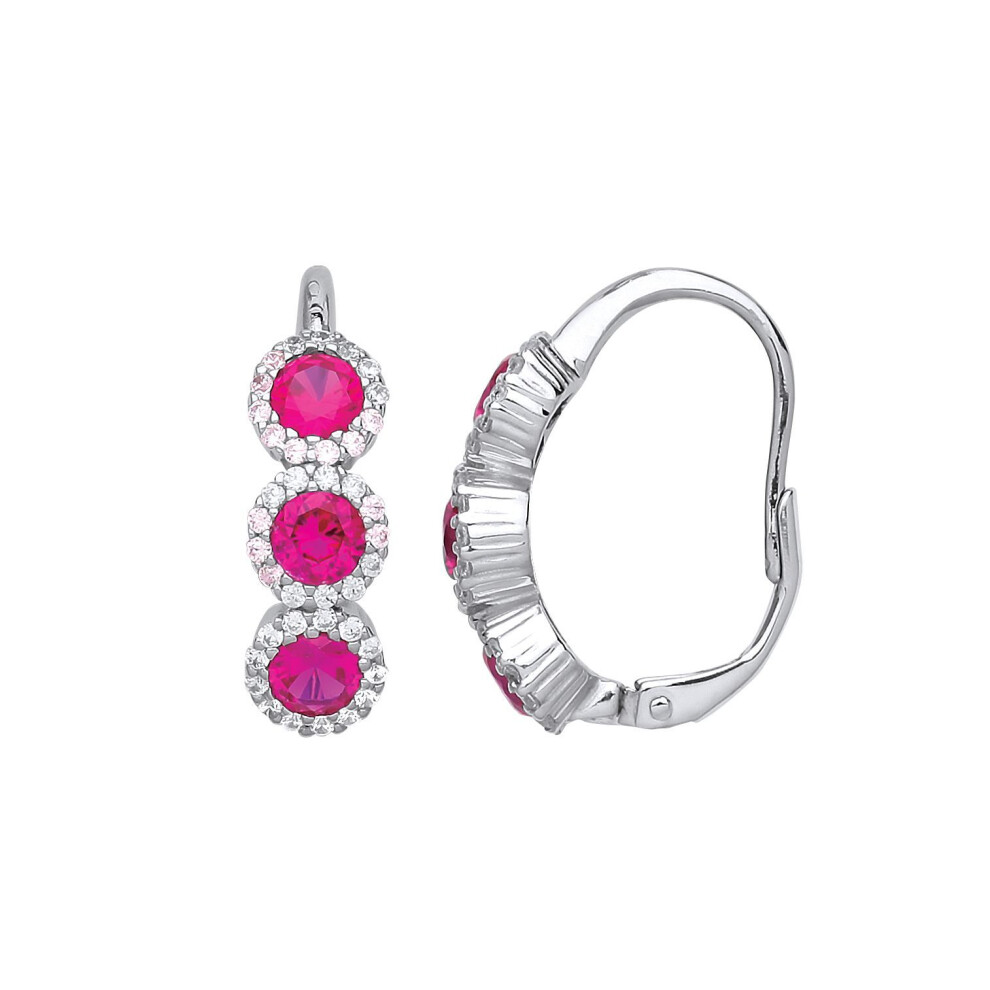 Jewelco London Ladies Sterling Ruby-Red Cubic Zirconia Trilogy Halo Cluster Drop Earrings - Gve732ru Silver