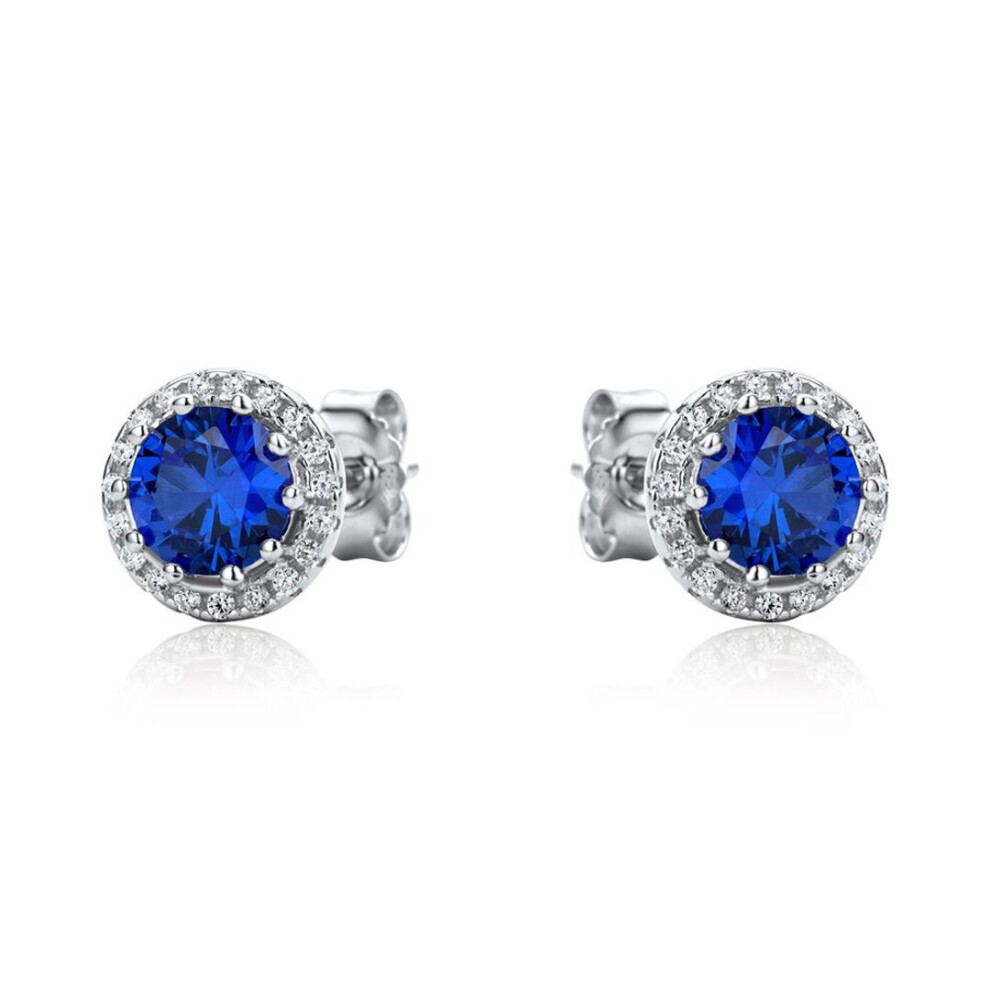 Jewelco London Rhodium Plated Sterling Silver Blue Cubic Zirconia Halo Cluster Solitaire Stud Earrings - Re42464sp Blue,Silver