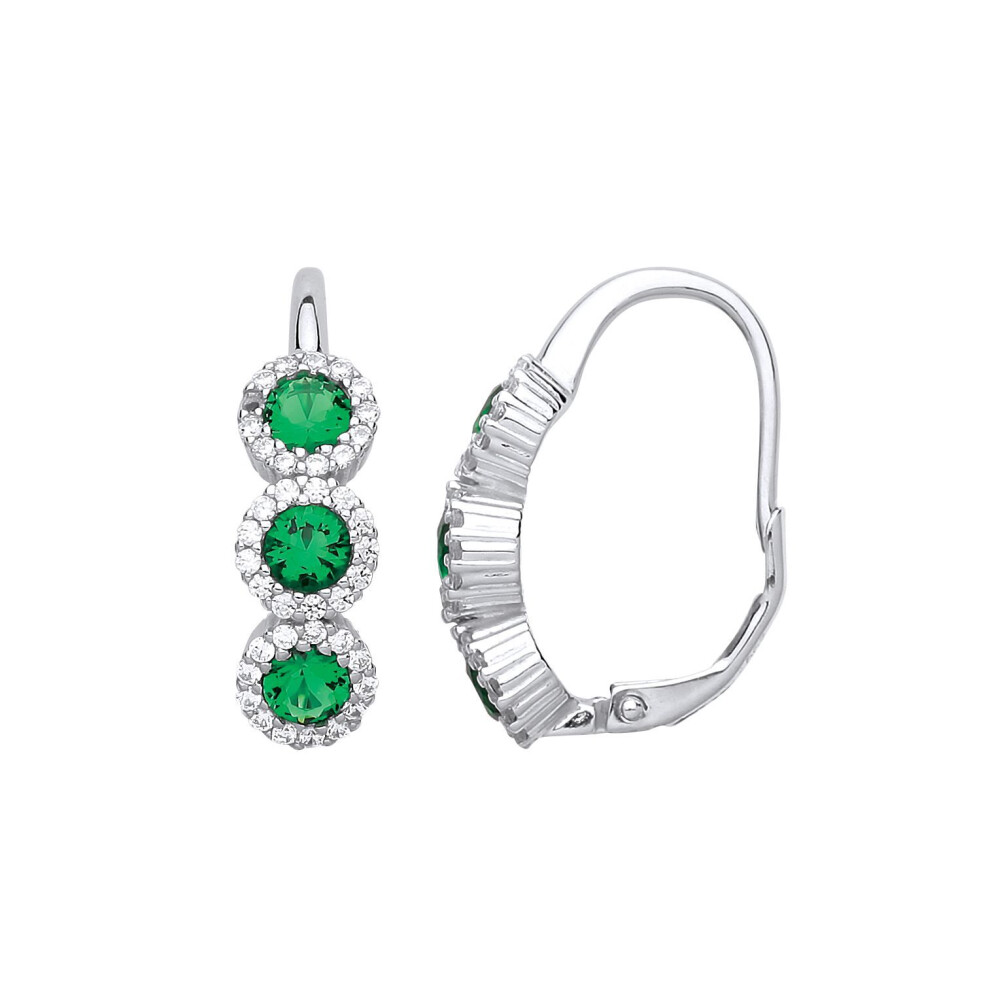 Jewelco London Ladies Sterling Emerald-Green Cubic Zirconia Trilogy Halo Cluster Drop Earrings - Gve732em Silver