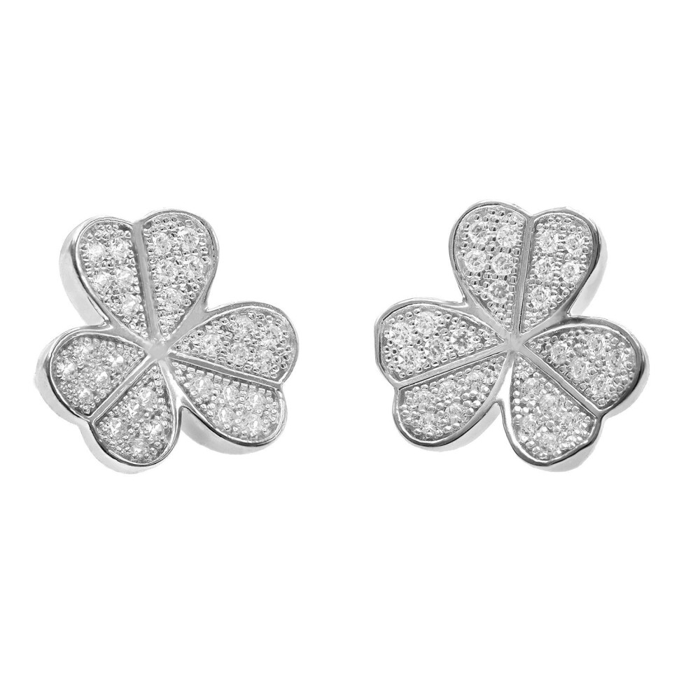 Jewelco London Rhodium Plated Sterling Silver White Cubic Zirconia Lucky Love Concaved Clover Leaf Stud Earrings - Re3684 White,Silver
