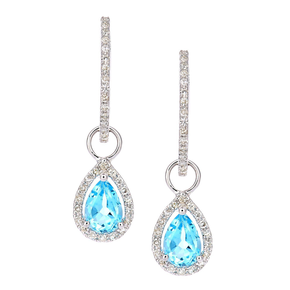 Jewelco London 9Ct White Gold Round 20Pts Diamond Pear 1Ct Blue Topaz Teardrop Drop Earrings - De1axl618wbt