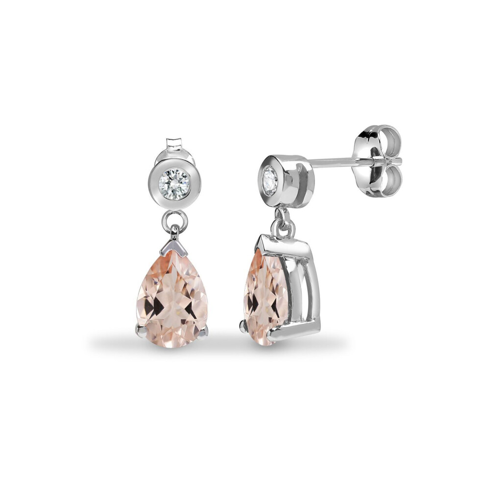 Jewelco London 9Ct White Gold Rub Over Set H I1 0.08Ct Diamond And Pear Peach 1.4Ct Morganite Tears Of Joy Drop Earrings - 9E204 White,Gold