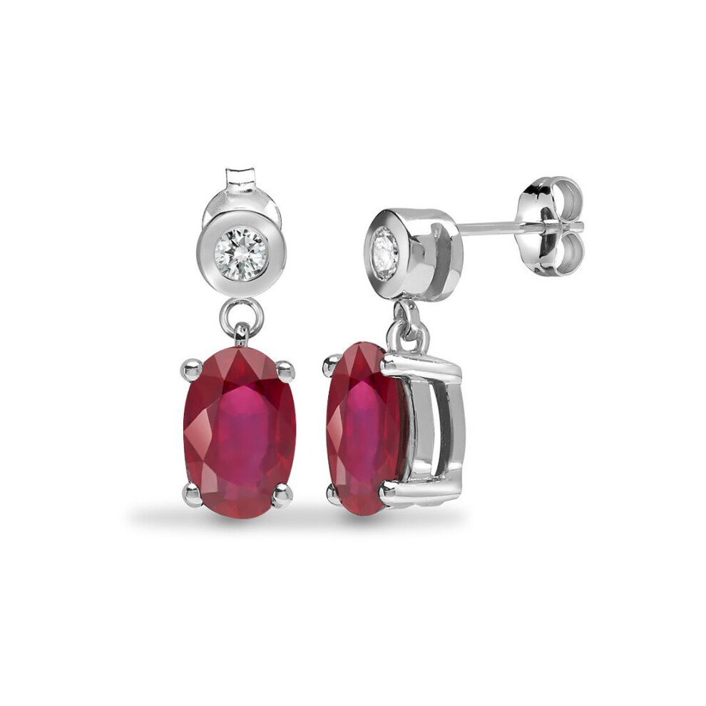 Jewelco London 9Ct White Gold Rub Over Set Round H I1 0.07Ct Diamond And Oval Red 1.25Ct Ruby Solitaire Drop Earrings - 9E192 White,Red,Gold