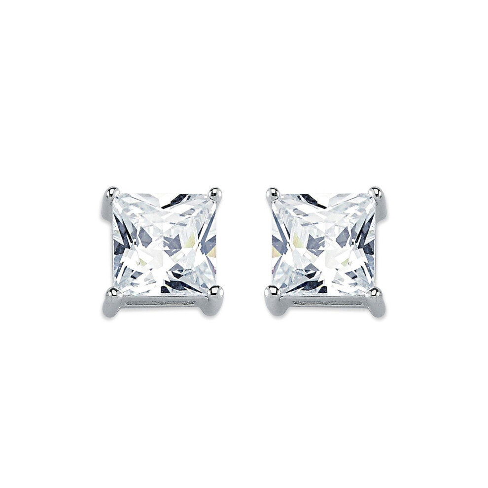 Jewelco London Rhodium Plated Sterling Princess Cubic Zirconia Solitaire Stud Earrings 8Mm - Aes056c Silver