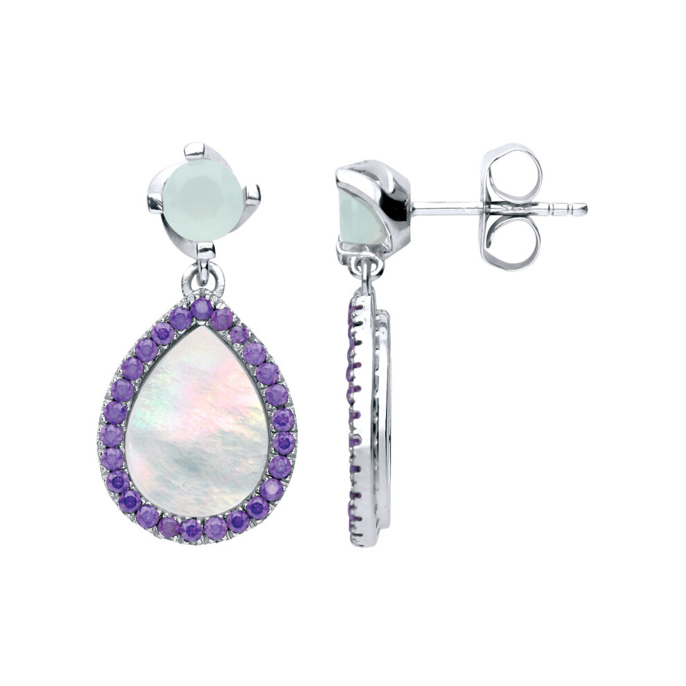 Jewelco London Ladies Sterling Silver Purple Pear Cubic Zirconia Halo Tears Of Joy Drop Earrings - Gve623 Silver,Purple