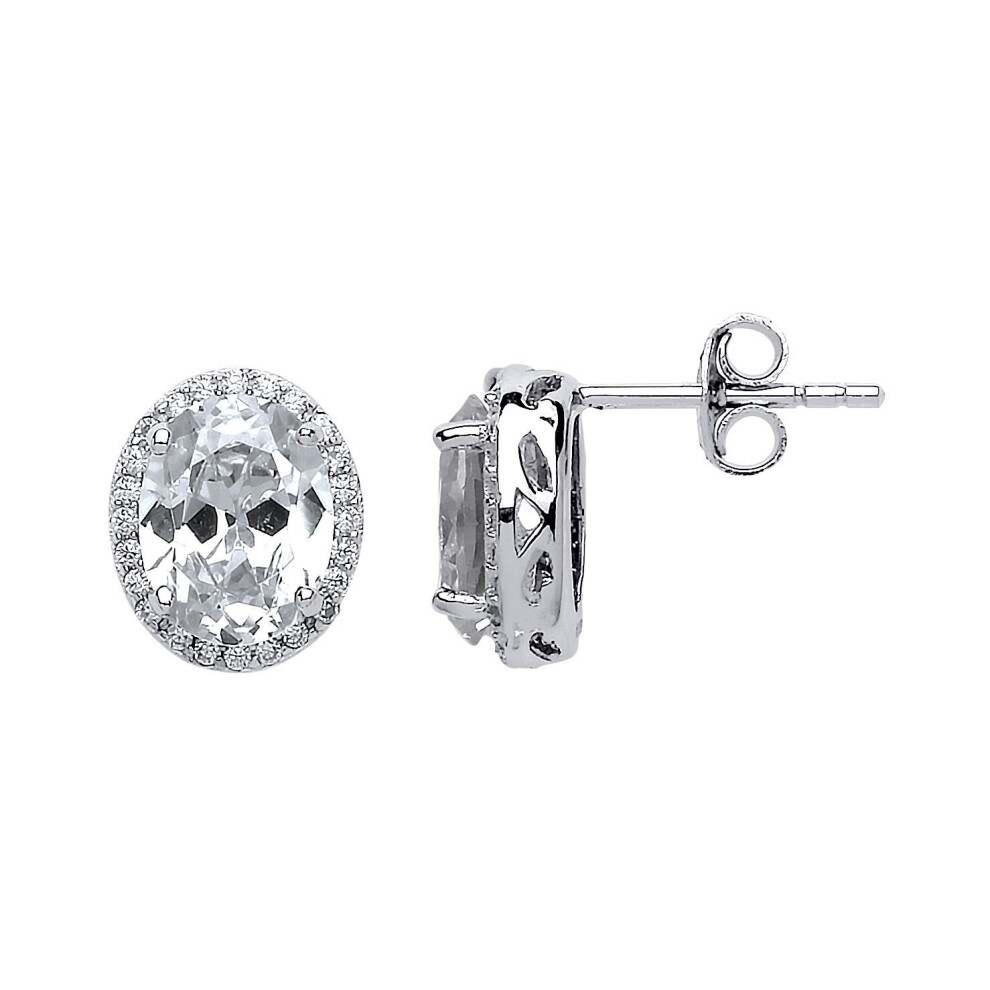 Jewelco London Ladies Sterling Oval Cubic Zirconia Oval Halo Cluster Stud Earrings - Gve545 Silver