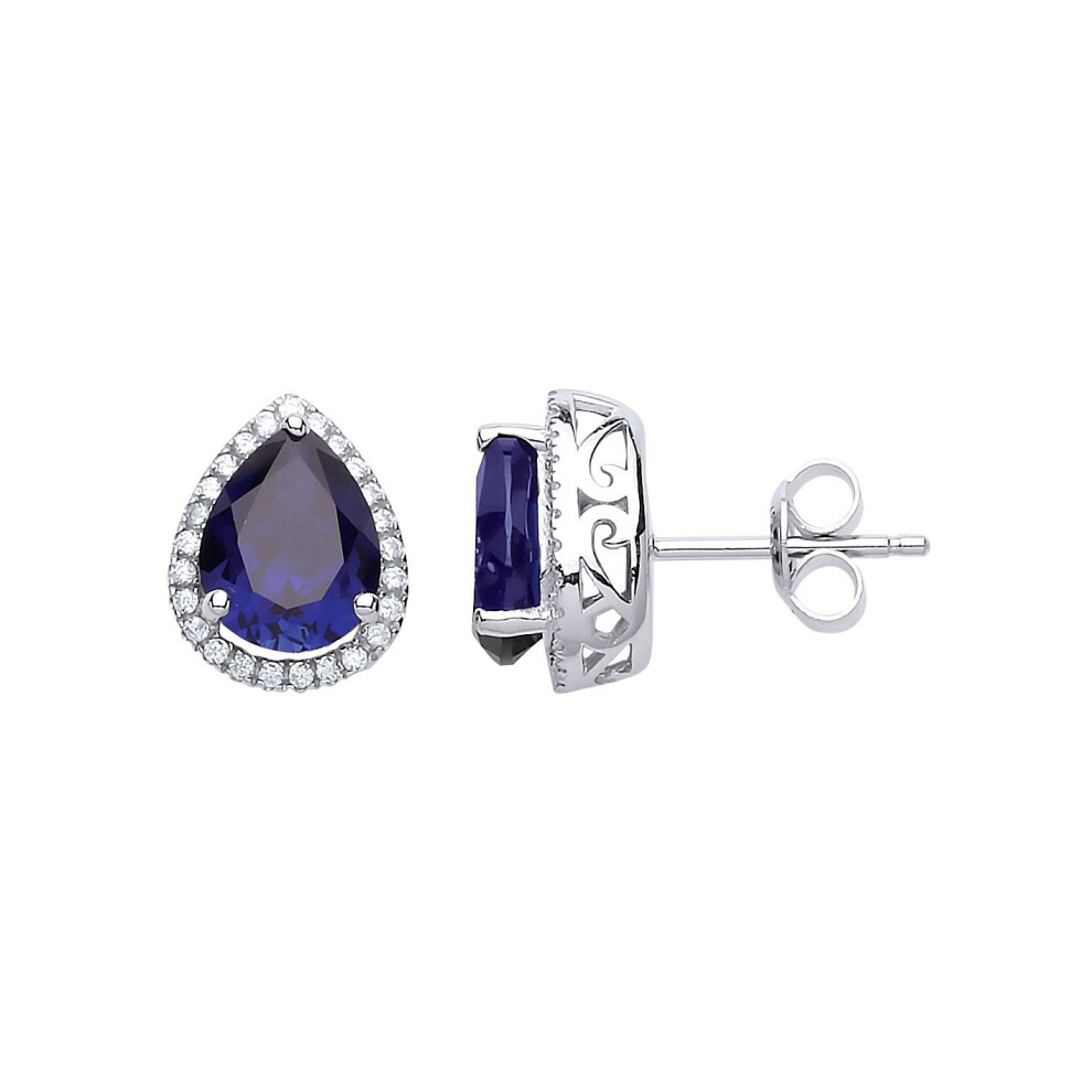 Jewelco London Ladies Sterling Sapphire-Blue Pear Cubic Zirconia Pear Halo Stud Earrings - Gve222sap Silver