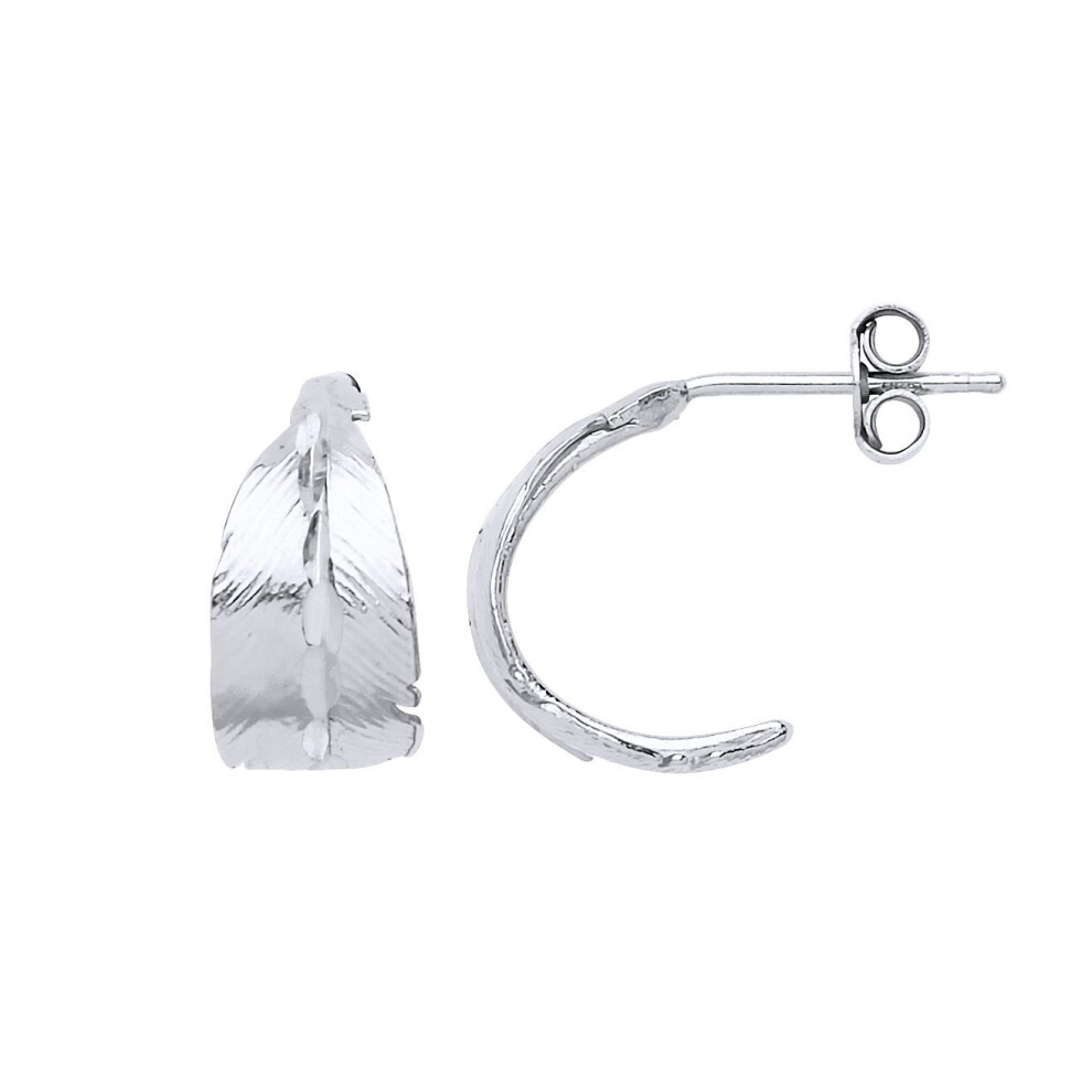 Jewelco London Ladies Sterling Silver Angel Feather Huggie Drop Hoop Earrings 14Mm - Gve598