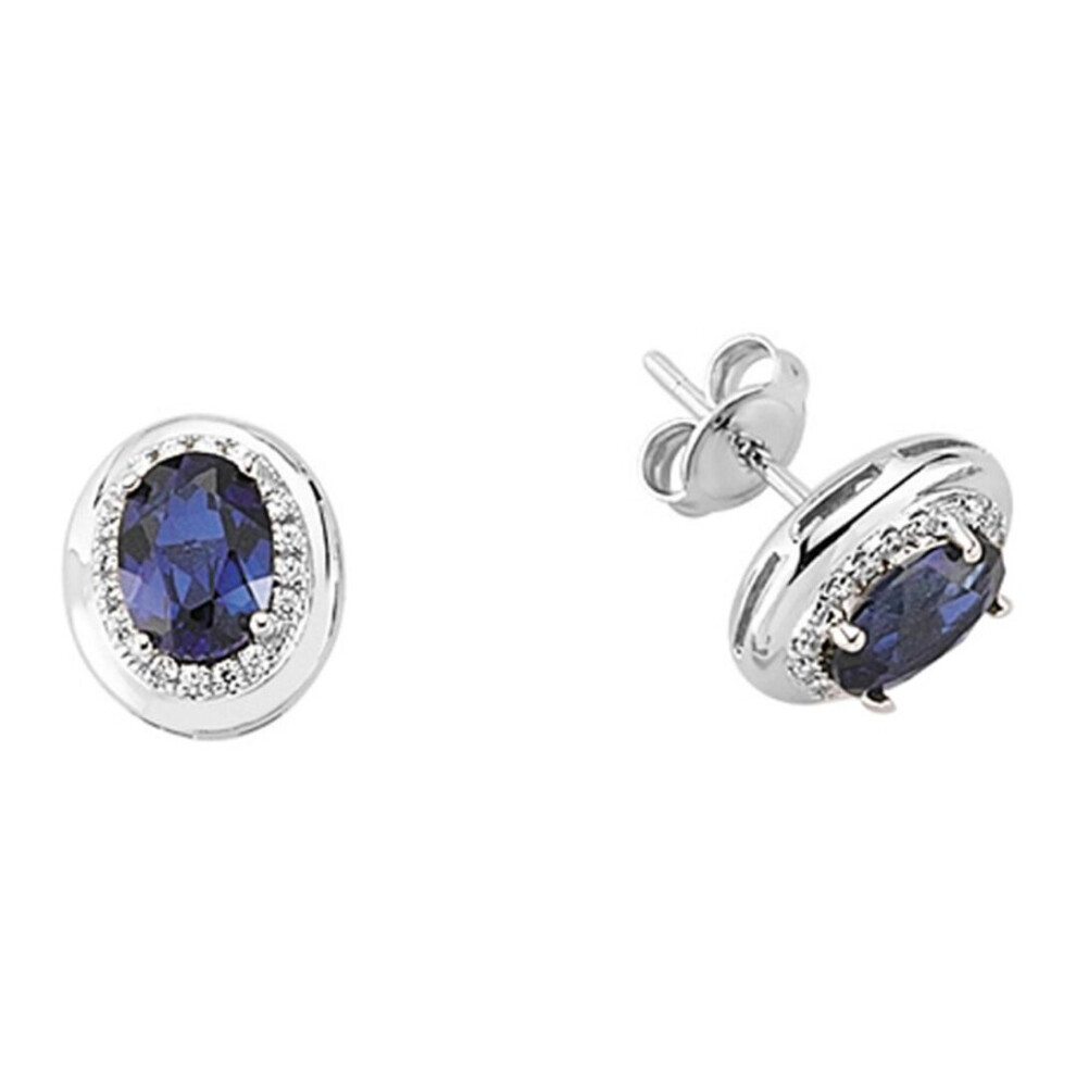 Jewelco London Ladies Sterling Sapphire-Blue Oval Cubic Zirconia Halo Stud Earrings - Gve314 Silver