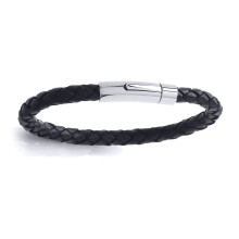 Jewelco London Mens Rhodium Plated Stainless Steel Black Leather Platted Cuff Bracelet 6mm 8 inch - BRC132