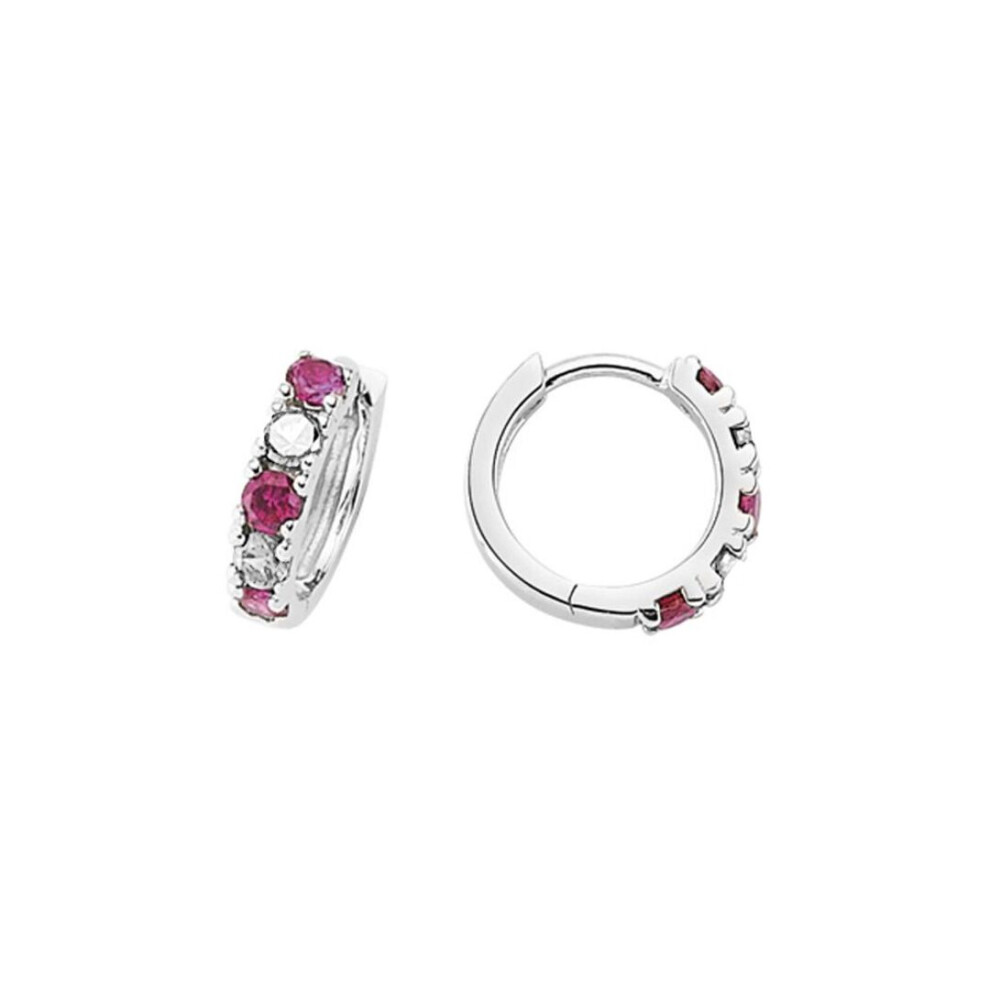 Jewelco London Ladies Sterling Silver Ruby-Red & White Cubic Zirconia Alternating Eternity Huggie Hoop Earrings 15Mm - Gve389ru White,Silver