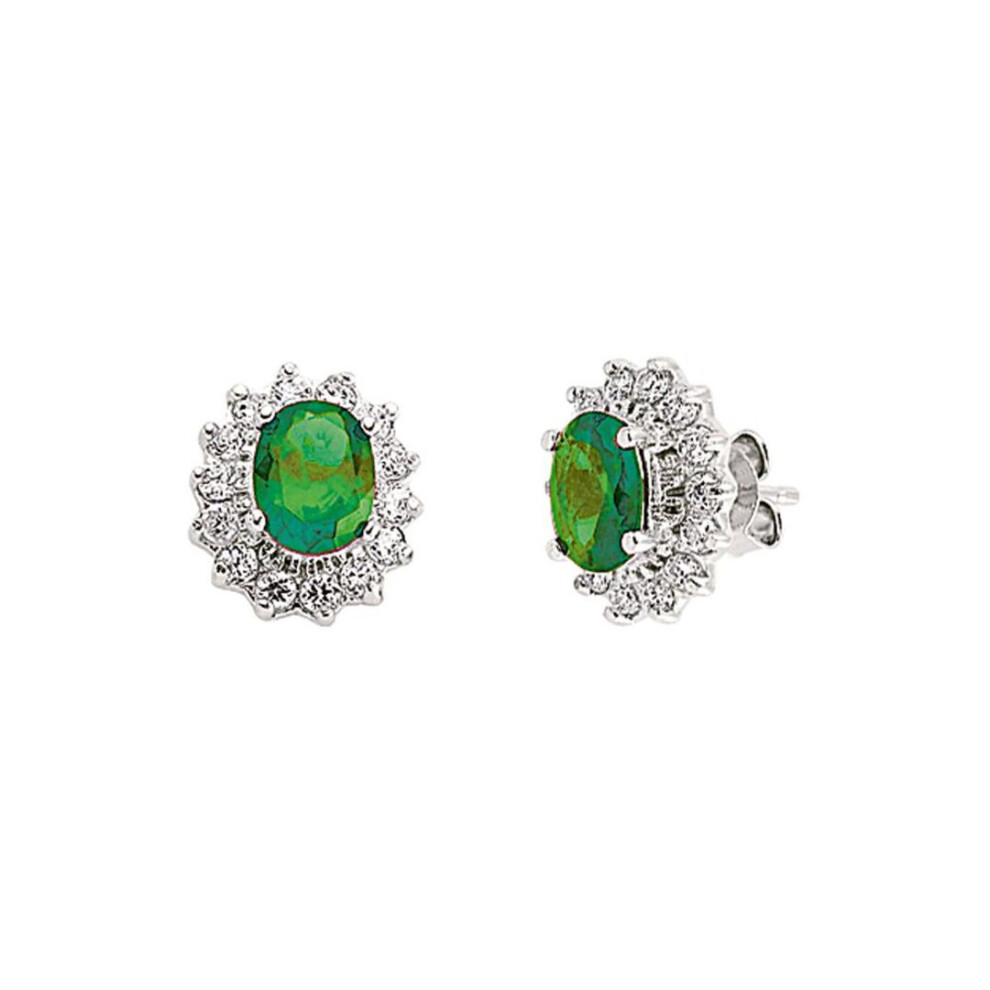 Jewelco London Ladies Sterling Silver Emerald-Green Oval Cubic Zirconia Royal Cluster Stud Earrings - Gve247em