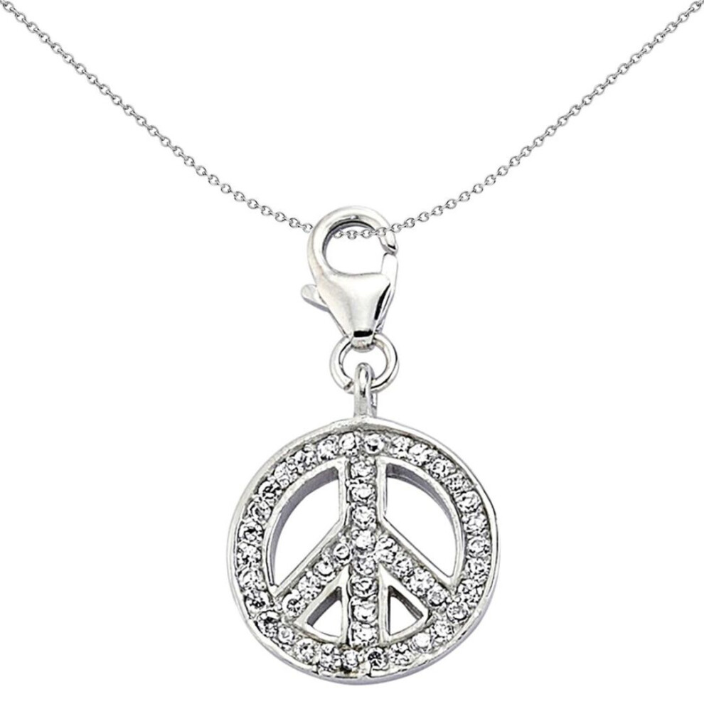 Jewelco London Unisex Sterling Cubic Zirconia Peace Symbol Lobster Clasp Link Charm - Cm079 Silver
