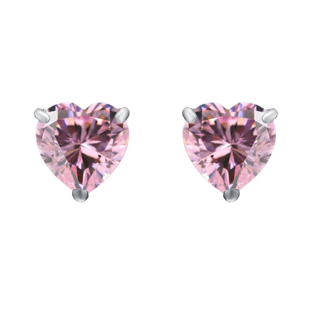 Jewelco London Ladies Sterling Silver Pink Heart Cubic Zirconia Love Heart Solitaire Stud Earrings 7Mm 2.50Cts - Ht7p Pink,Silver