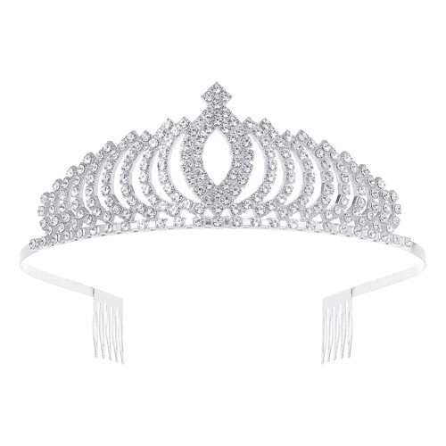 Coroa de princesa com strass e pentes de cabelo – Prateada