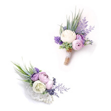 Set aus lila künstlichen Rosen-Corsage und Boutonniere
