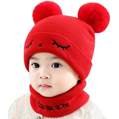 Conjunto de gorro e cachecol de tricô para bebê – Acrílico macio, com pompom.
