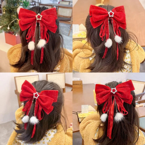 Haargummis mit roter Samtschleife – Elastische Haargummis, 13 cm