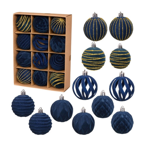 Flocked Christmas Baubles Blue 6cm 12-Pack 1