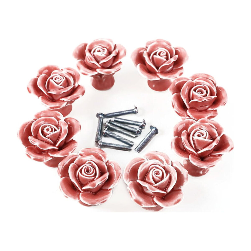 Rose-shaped ceramic pull knobs pink 8 pcs