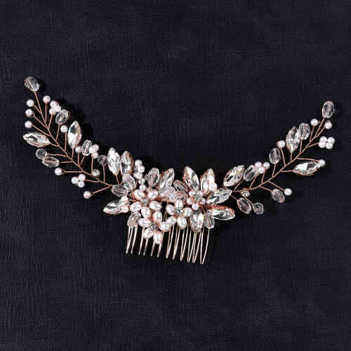 Presilhas e pentes de cabelo em ouro rosa com pérolas e cristais para noivas.