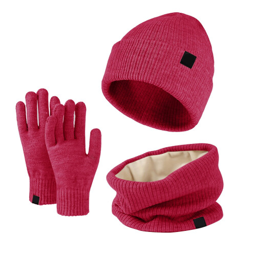Conjunto feminino de gorro, cachecol e luvas de lã tricotada
