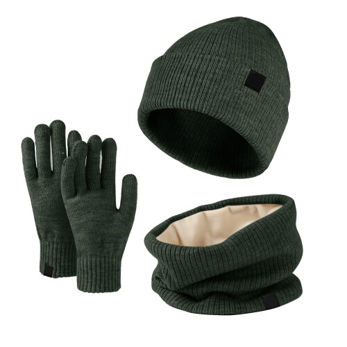 Conjunto feminino de gorro, cachecol e luvas em tricô verde militar