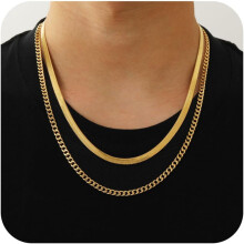 Layered Cuban Rope Herringbone Chain Necklace Set 2 pcs