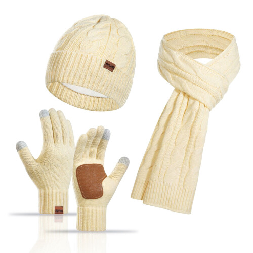 Conjunto de inverno feminino em tricô: gorro, cachecol e luvas.