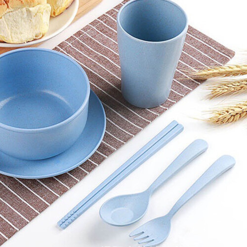Wheat Straw Dinnerware Set 6-Piece Blue Portable Tableware 1