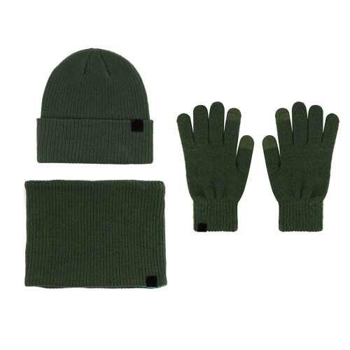 Conjunto feminino de gorro, cachecol e luvas em tricô verde militar 1