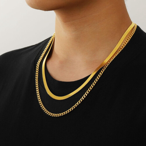 Layered Cuban Rope Herringbone Chain Necklace Set 2 pcs 1