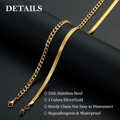 Layered Cuban Rope Herringbone Chain Necklace Set 2 pcs 2