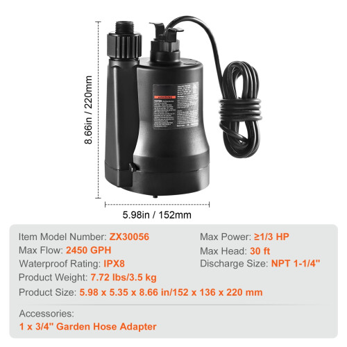 Sumppumpe 1/3HP 2450GPH 30ft Løft Nedsænkbar 2