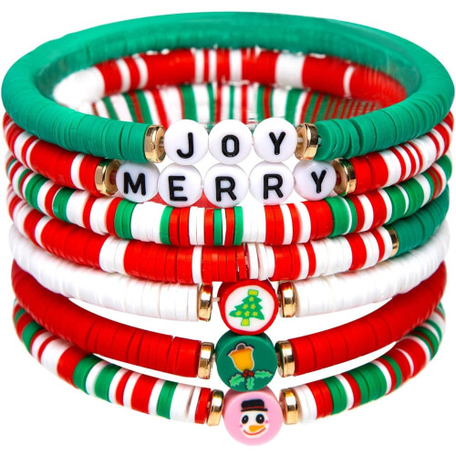 6 jularmband 'Joy' & 'Merry' godisfärgade för