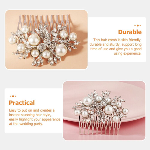 Pente de cabelo prateado com strass e pérolas, 7 cm 1