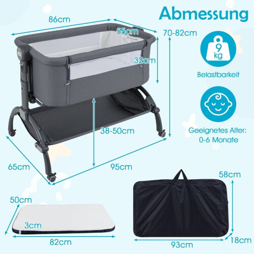 Adjustable Baby Bedside Crib with Wheels, Grey 1