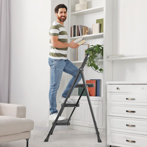 3-Step Folding Ladder, Black Metal, 800 lb Capacity 1