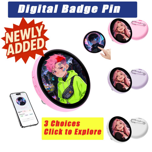 Broche digital de 2 polegadas com tela sensível ao toque IPS e estrutura metálica.